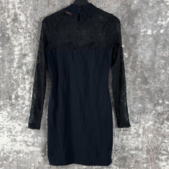 EDC Size S Mesh Keyhole Mock Neck Mini Sheath Dress Navy Long Sleeve Button - Picture 6 of 12